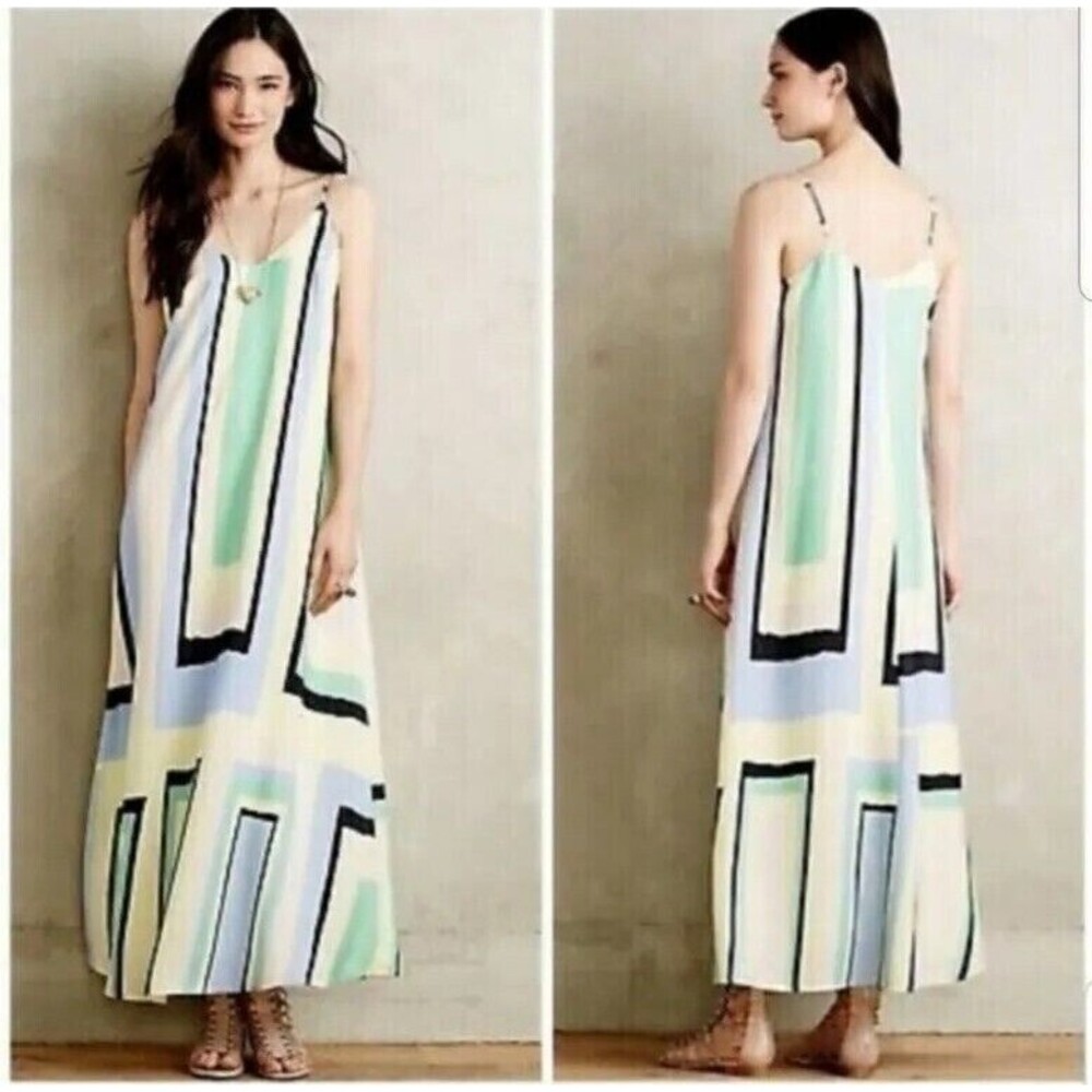 Anthropologie Maeve Yellow Green Geometric Maxi Dress Size XS Sleeveless Boho